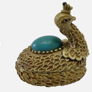 Vintage FLORENZA Peacock Bird Pill Box Gold Tone Turquoise Trinket Box Stash